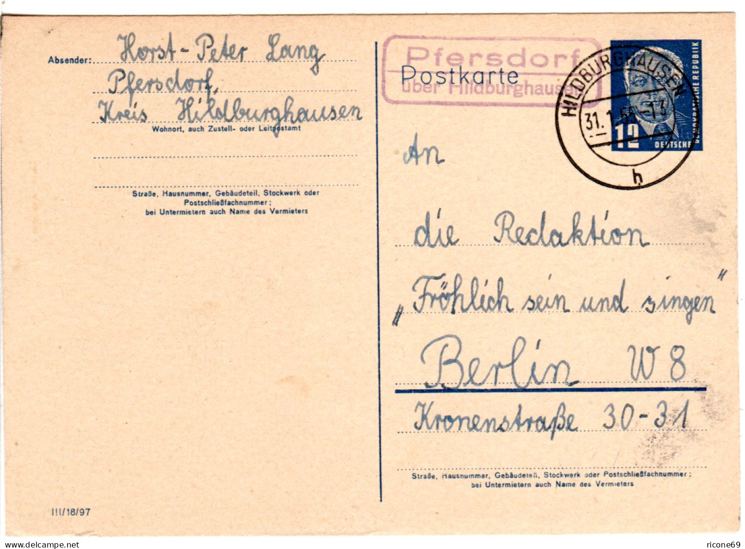 DDR 1955, Landpost Stpl. PFERSDORF über Hildburghausen Auf 12 Pf. Ganzsache - Cartas & Documentos