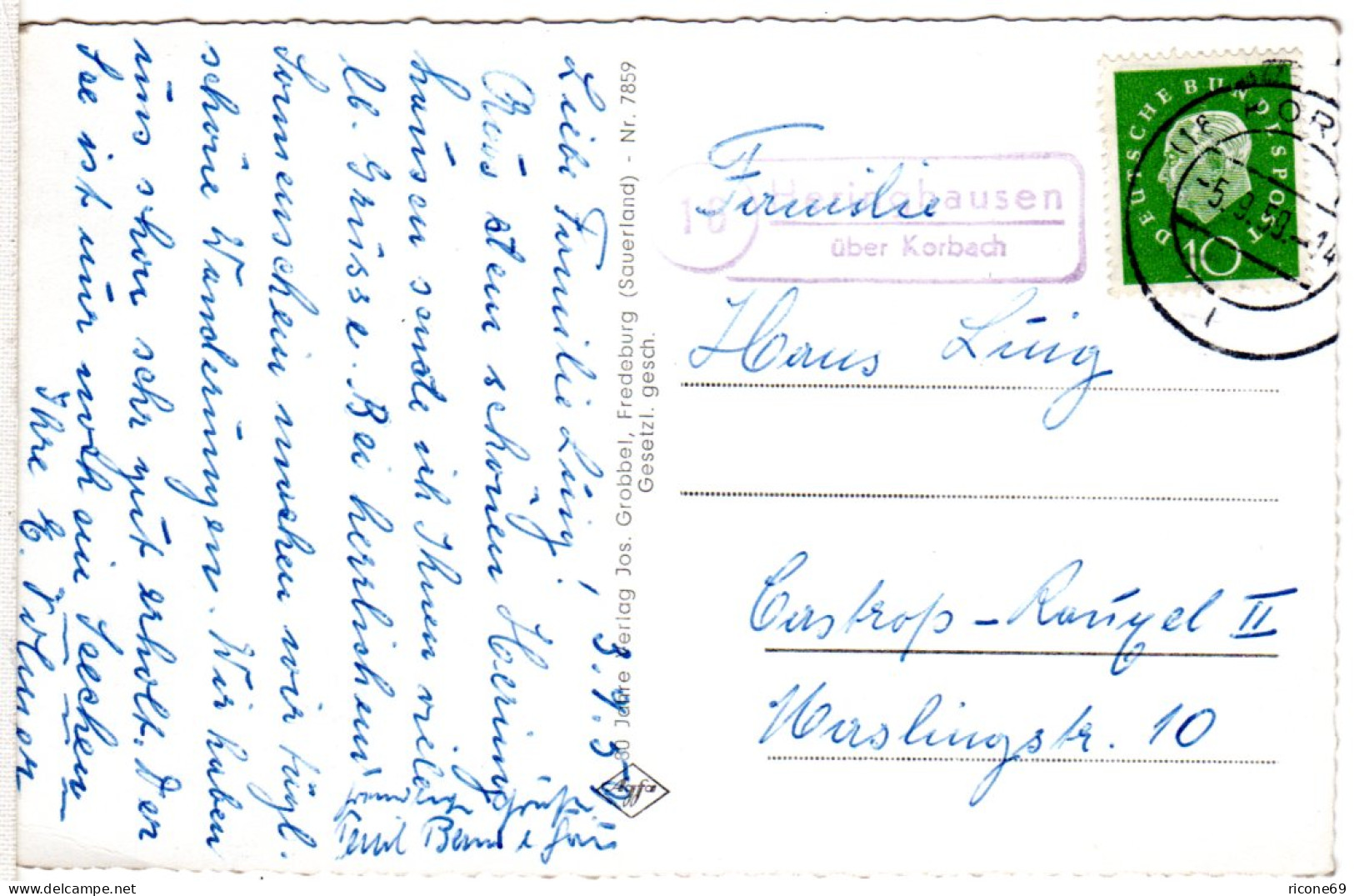 BRD 1959, Landpost Stpl. HERINGHAUSEN über Korbach Auf Diemelsee AK M. 10 Pf. - Collections