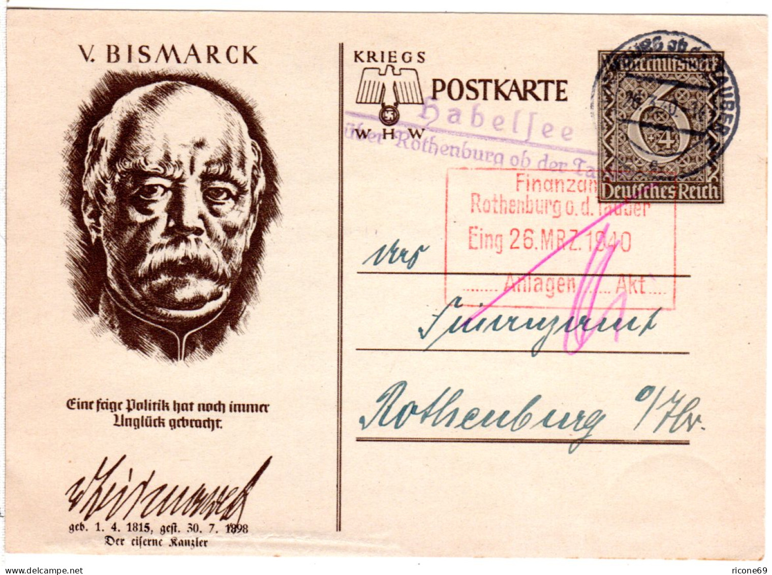 DR 1940, Landpoststempel HABELSEE über Rothenburg Tauber Auf 6 Pf. Ganzsache - Covers & Documents