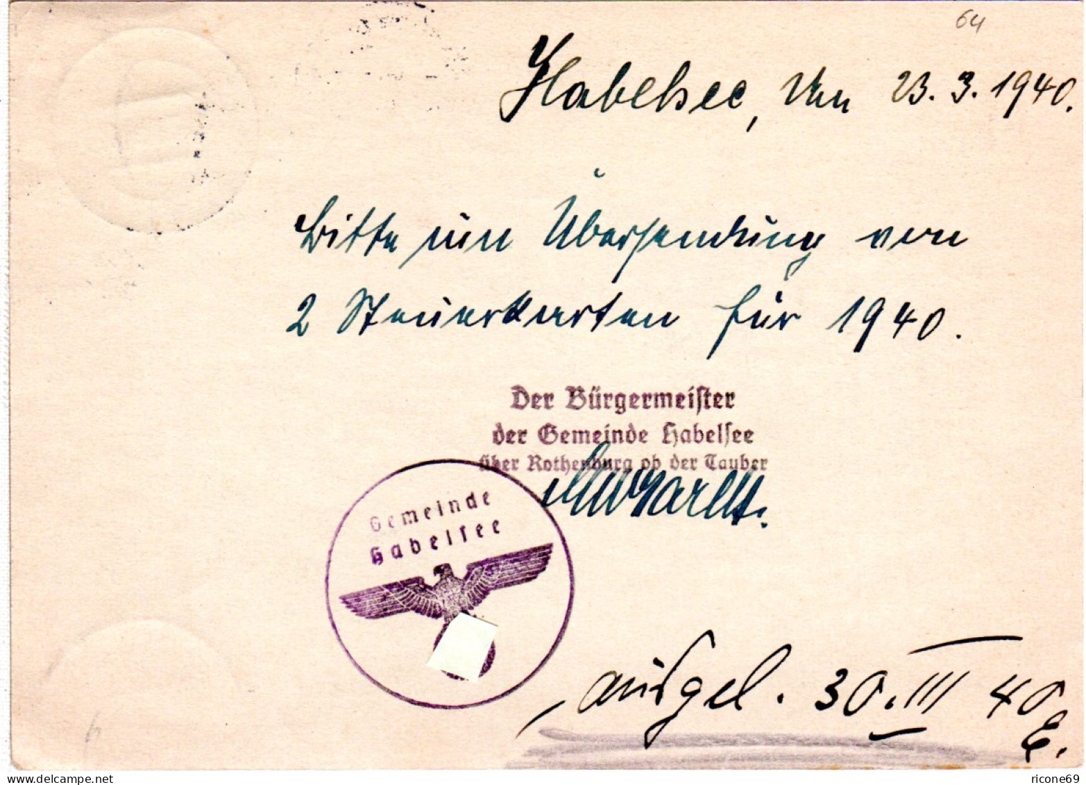 DR 1940, Landpoststempel HABELSEE über Rothenburg Tauber Auf 6 Pf. Ganzsache - Covers & Documents
