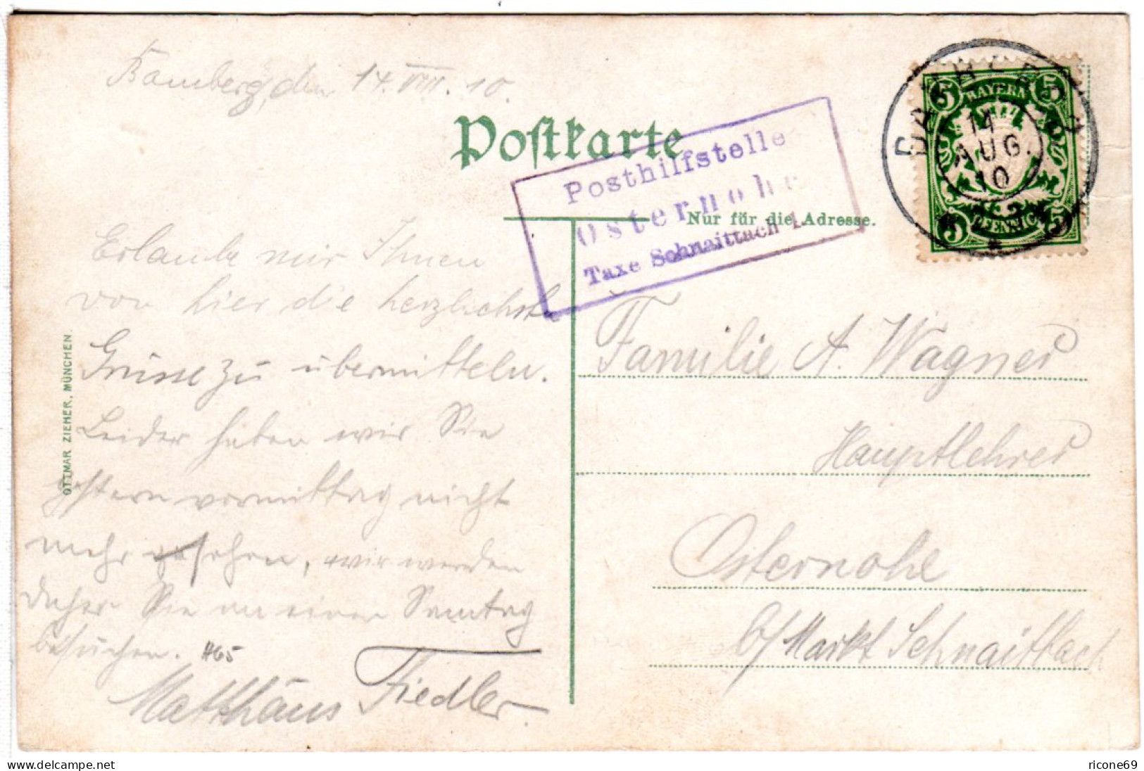 Bayern 1910, Posthilfstelle OSTERNOHE Taxe Schnaittach Auf Karte M. 5 Pf. - Briefe U. Dokumente