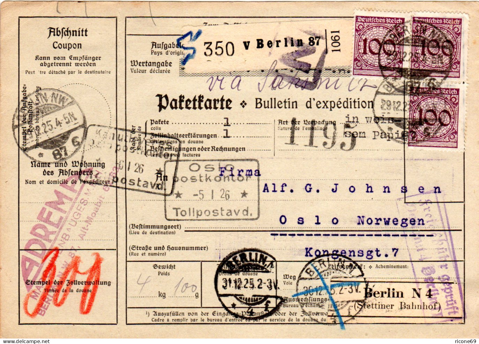 DR 1925, MeF 3x100 Pf. Auf Paketkarte V. Berlin Via Sassnitz N. Norwegen. - Lettres & Documents