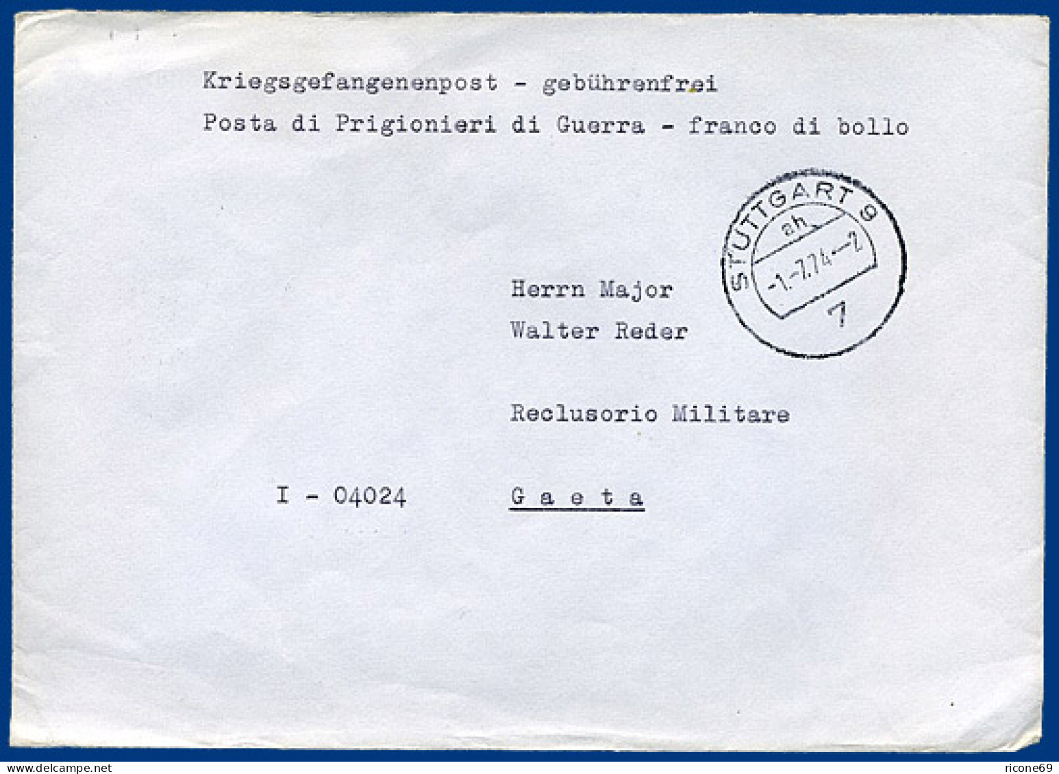 BRD 1974, Später KGF POW Brief V Stuttgart An Major Reder, Festung Gaeta Italien - Briefe U. Dokumente