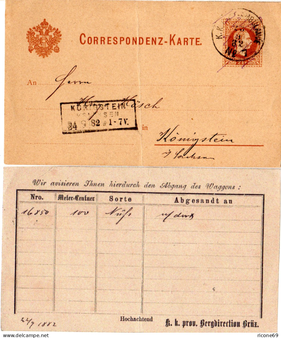 Österreich 1882, 2 Kr. Ganzsache M. Rs. K.K. Bergdirektion Brüx U. Bahnpost-K1 - Cartas & Documentos