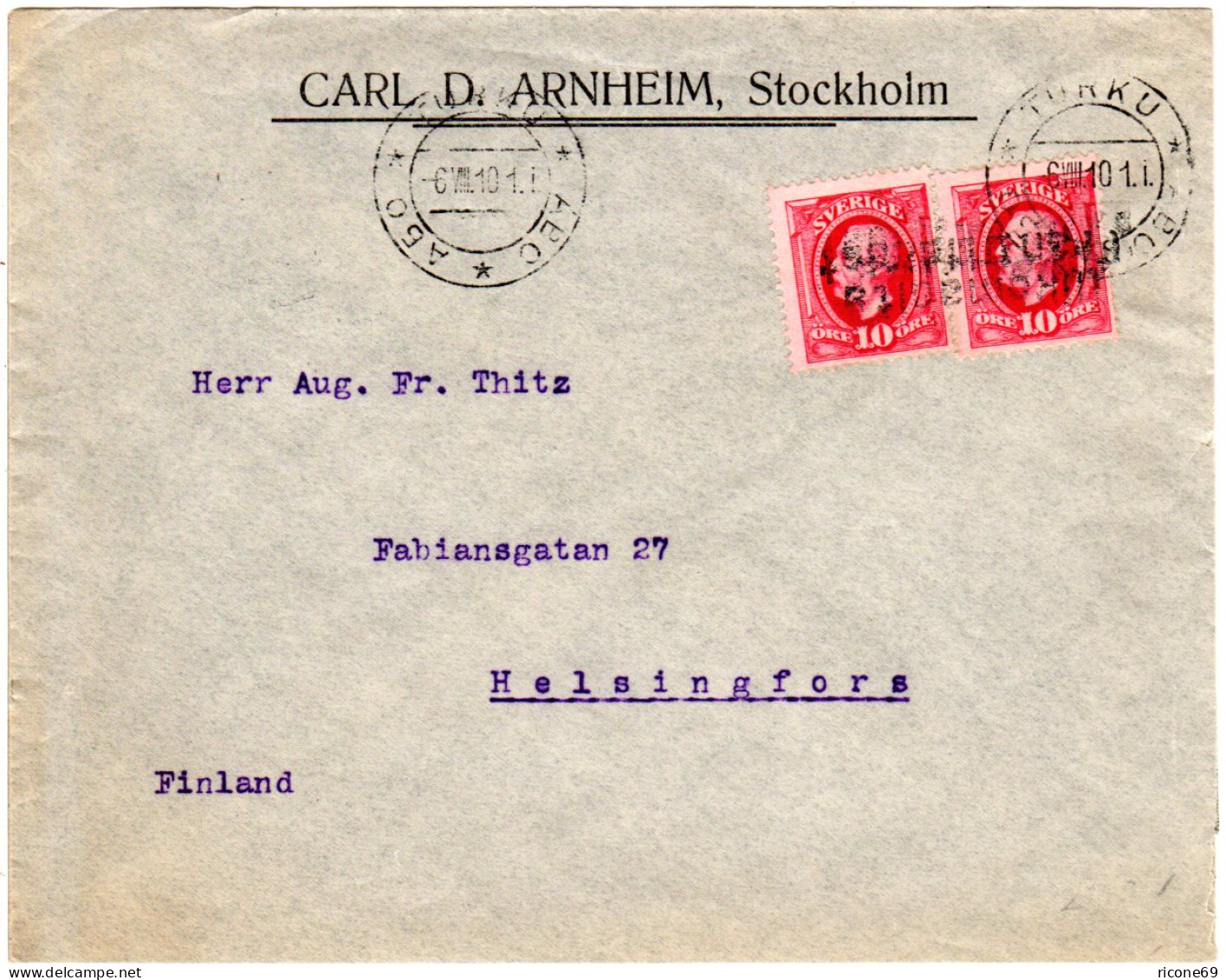 Schweden 1910, Schiffspost Brief M. Finnland Paquebot L2 Ukomsalza Fran Utlandet - Storia Postale