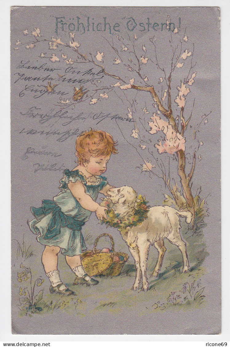 Fröhliche Ostern M. Kind, Eierkorb U. Osterlamm, 1904 Gebr. Farb AK - Sonstige & Ohne Zuordnung