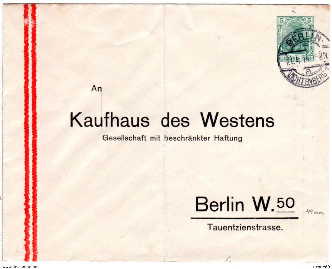 DR 1914, Gebr. 5 Pf. Privatganzsache Umschlag Kaufhaus Des Westens, Berlin - Autres & Non Classés