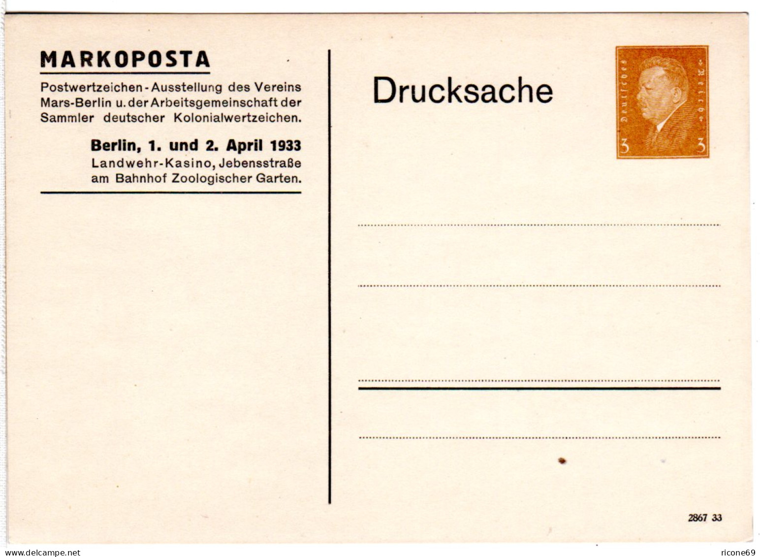 DR, Ungebr. 3 Pf. Drucksache Privatganzsachenkarte Markoposta Berlin 1933 - Sonstige & Ohne Zuordnung