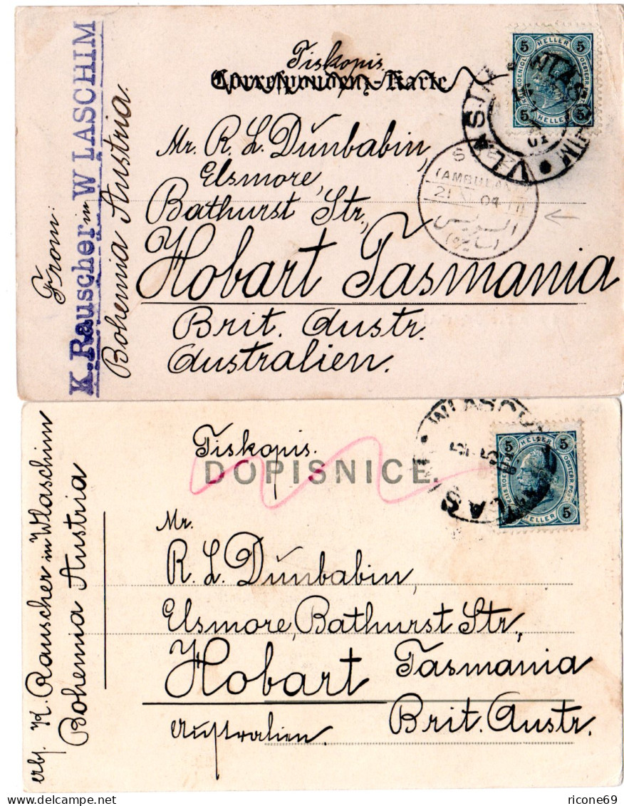 Österreich 1904, 2 Als Drucksachen Gebr. AK M. 5 H. V. WLASCHIM N. Tasmanien! - Briefe U. Dokumente