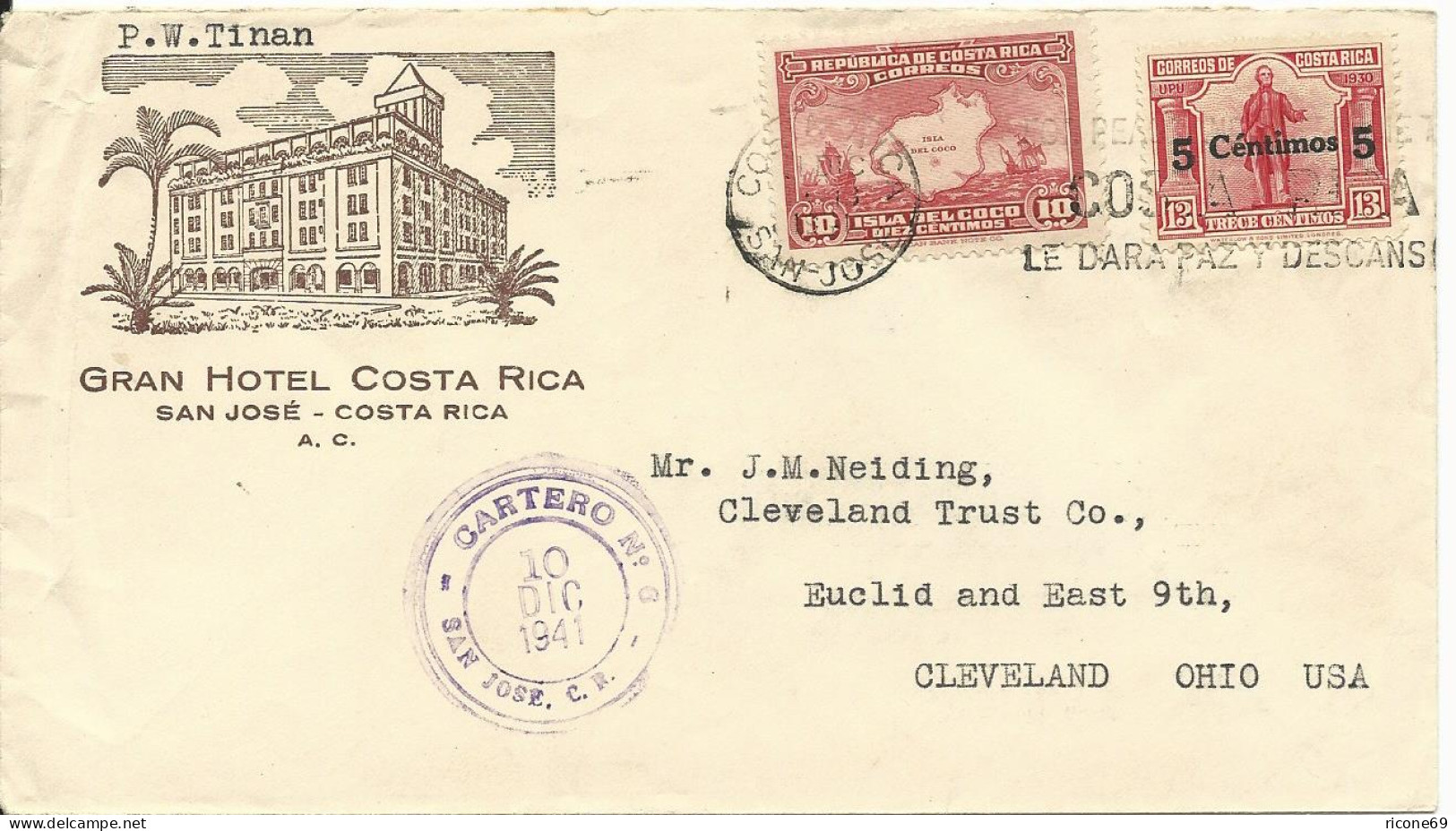 Costa Rica 1941, 5/13+10 C. Auf Hotel Brief V. San José M. Cartero 6 -Stpl. - Costa Rica