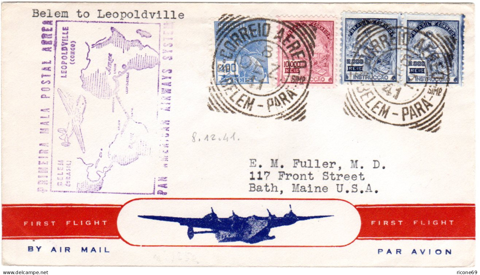 Brasilien 1941, 4 Marken Auf Erstflug Brief Belem - Leopoldville Congo - Other & Unclassified