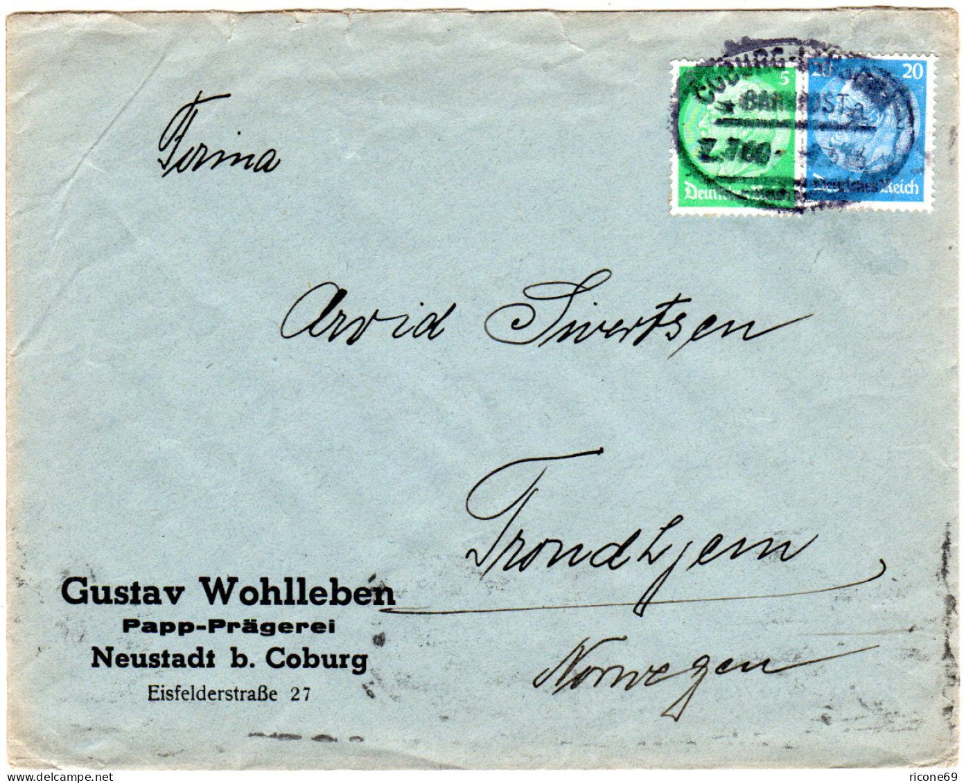 DR 1936, 5+20 Pf. Auf Brief V. Neustadt N. Norwegen. Bahnpost Coburg-Lauscha - Briefe U. Dokumente