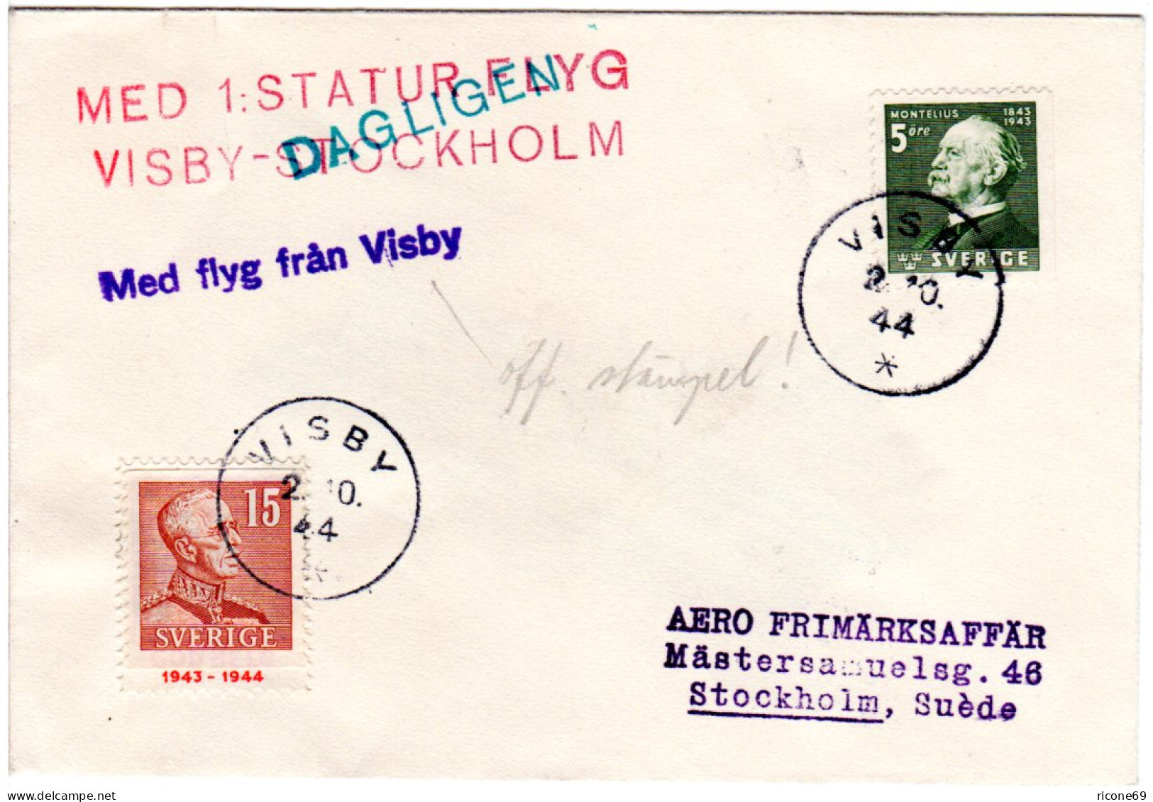 Schweden 1944, 5+15 öre Auf Erstflug Brief V. Visby N. Stockholm - Brieven En Documenten