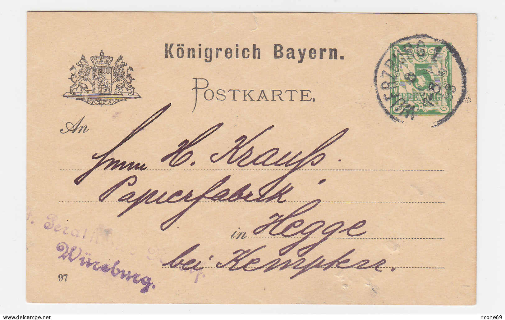 Bayern 1898, Kottern Neudorf, L2 Aushilfstpl. Rücks. Auf Ganzsache V. Würzburg. - Cartas & Documentos