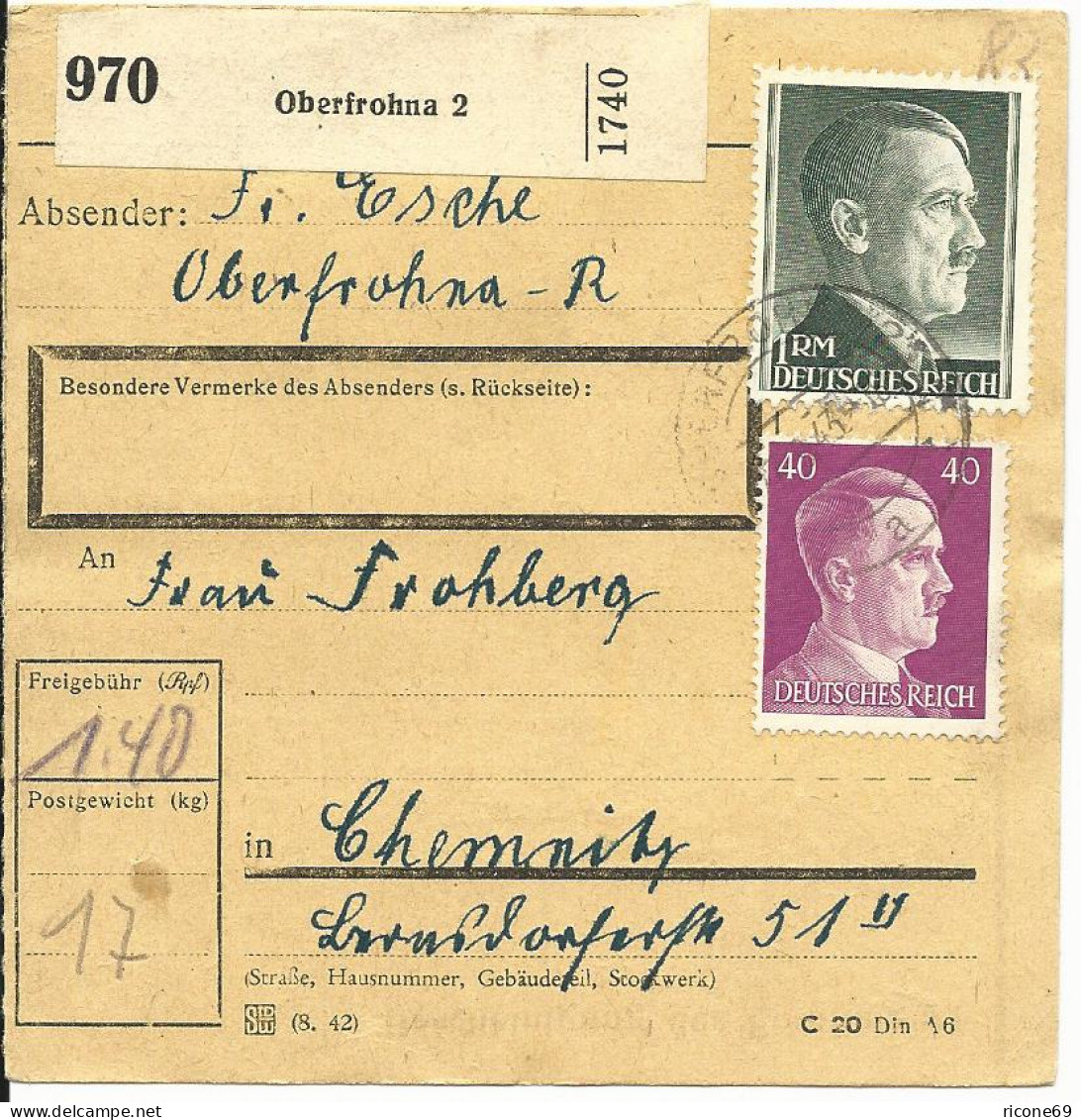 DR 1943, 1 Mk.+40 Pf. Auf Paketkarte V. Oberfrohna - Briefe U. Dokumente