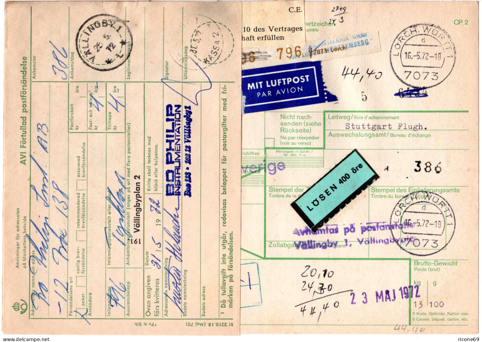 BRD 1972, Paketkarte V. LORCH M. Schweden Porto-Etikett U. EG Export Aufkleber - Cartas & Documentos