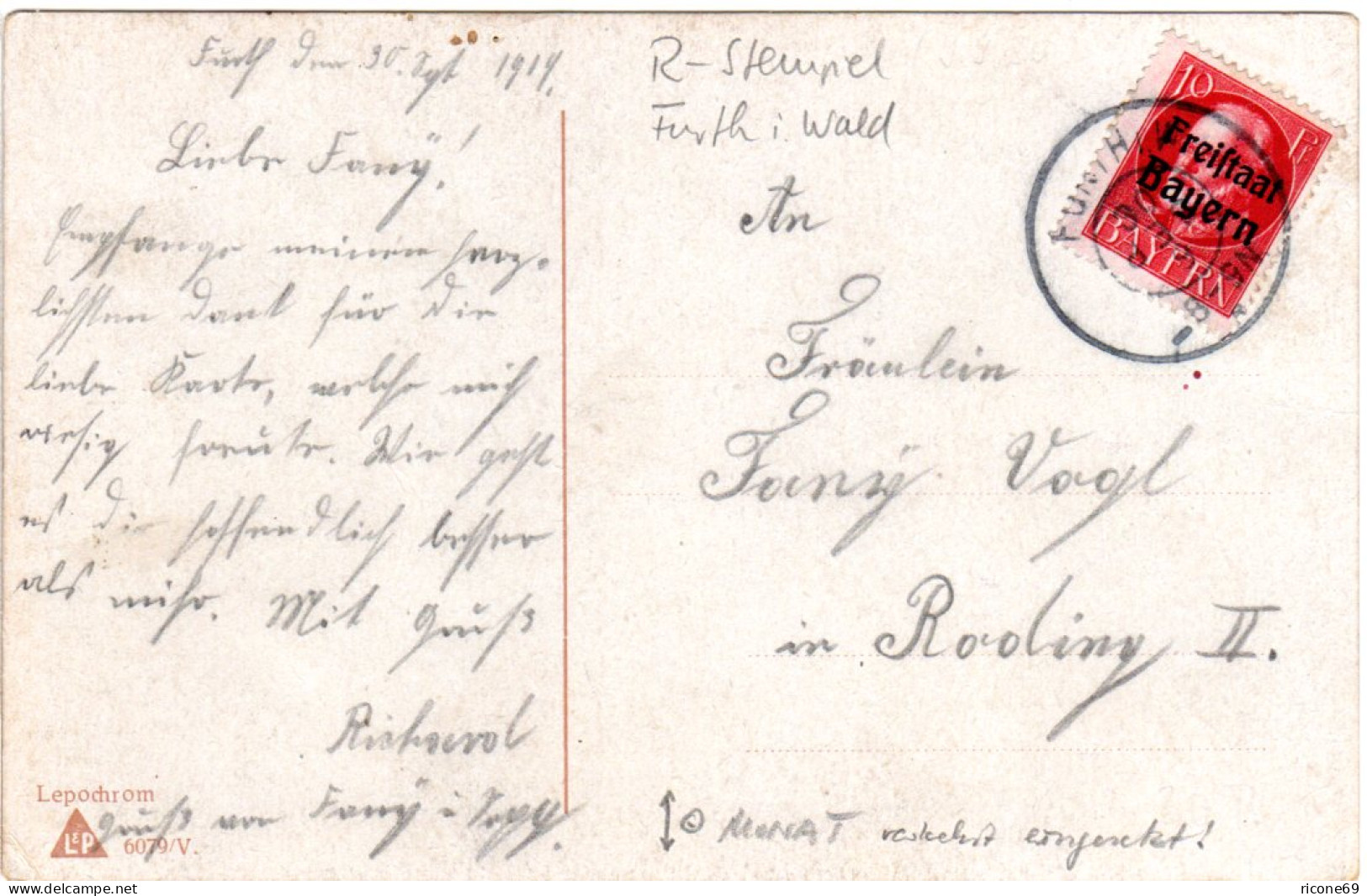 Bayern 1919, Reservestempel FURTH R M. Verkehrter Monatsangabe Auf AK N. 10 Pf. - Cartas & Documentos