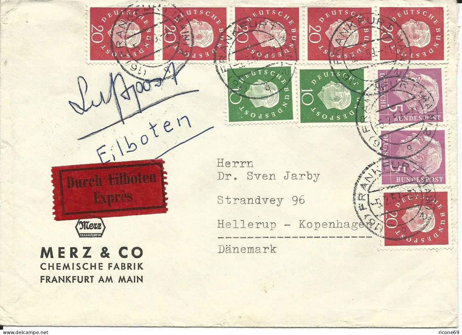 BRD 1959, 10 Marken Auf Luftpost Eilboten Brief V. Frankfurt N. Dänemark - Covers & Documents