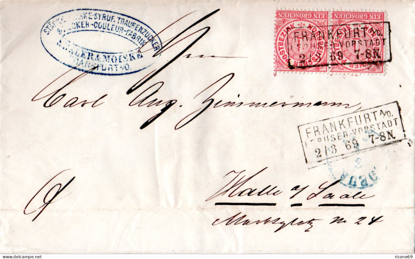 NDP 1869, R2 FRANKFURT A/O. LEBUSER VORSTADT Auf Firmen Brief M. Paar 1 Gr. - Storia Postale