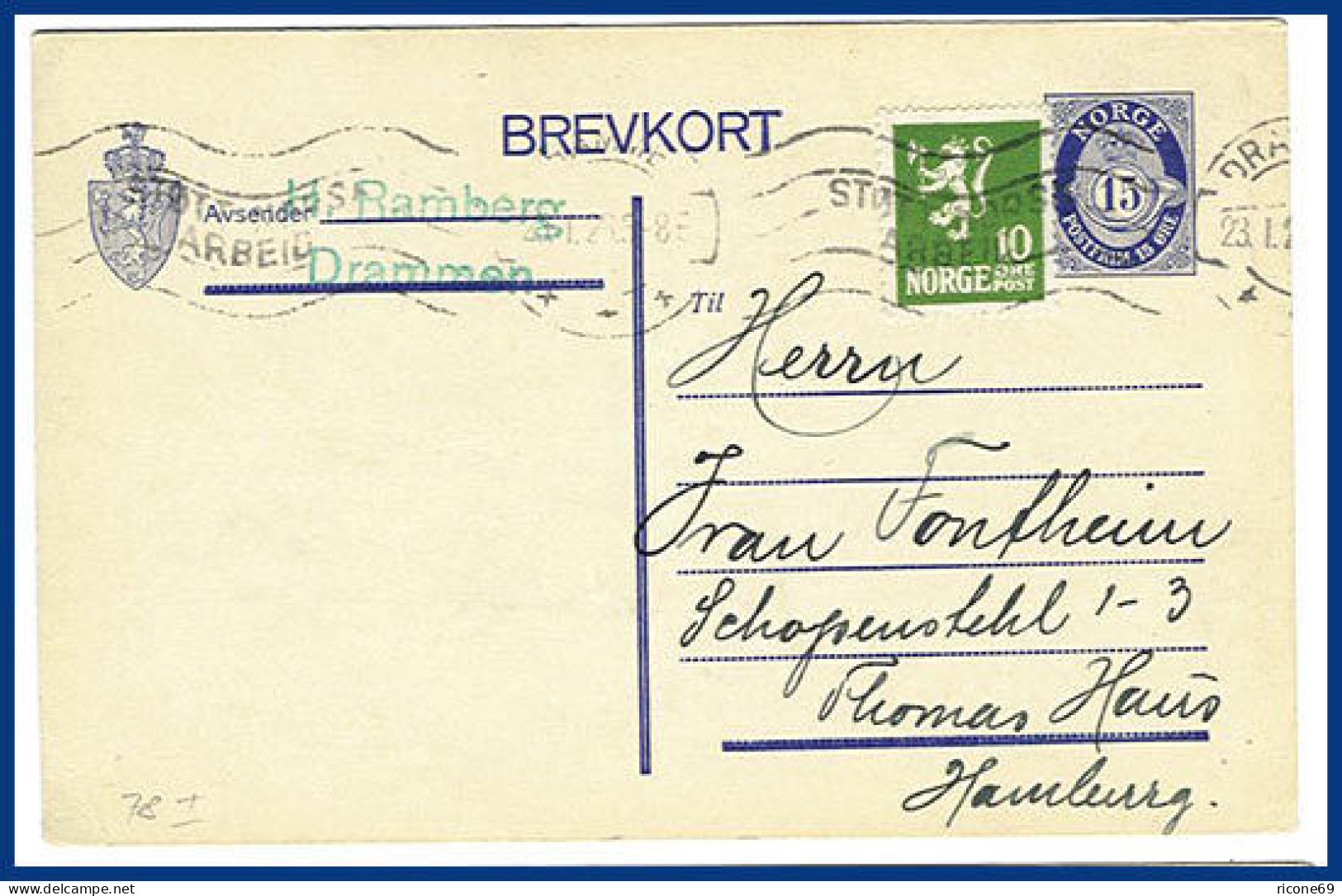 Norwegen 1926, Ganzsache 78 I M.Zusatzfr. V. Drammen  N. Dt. #S125 - Briefe U. Dokumente