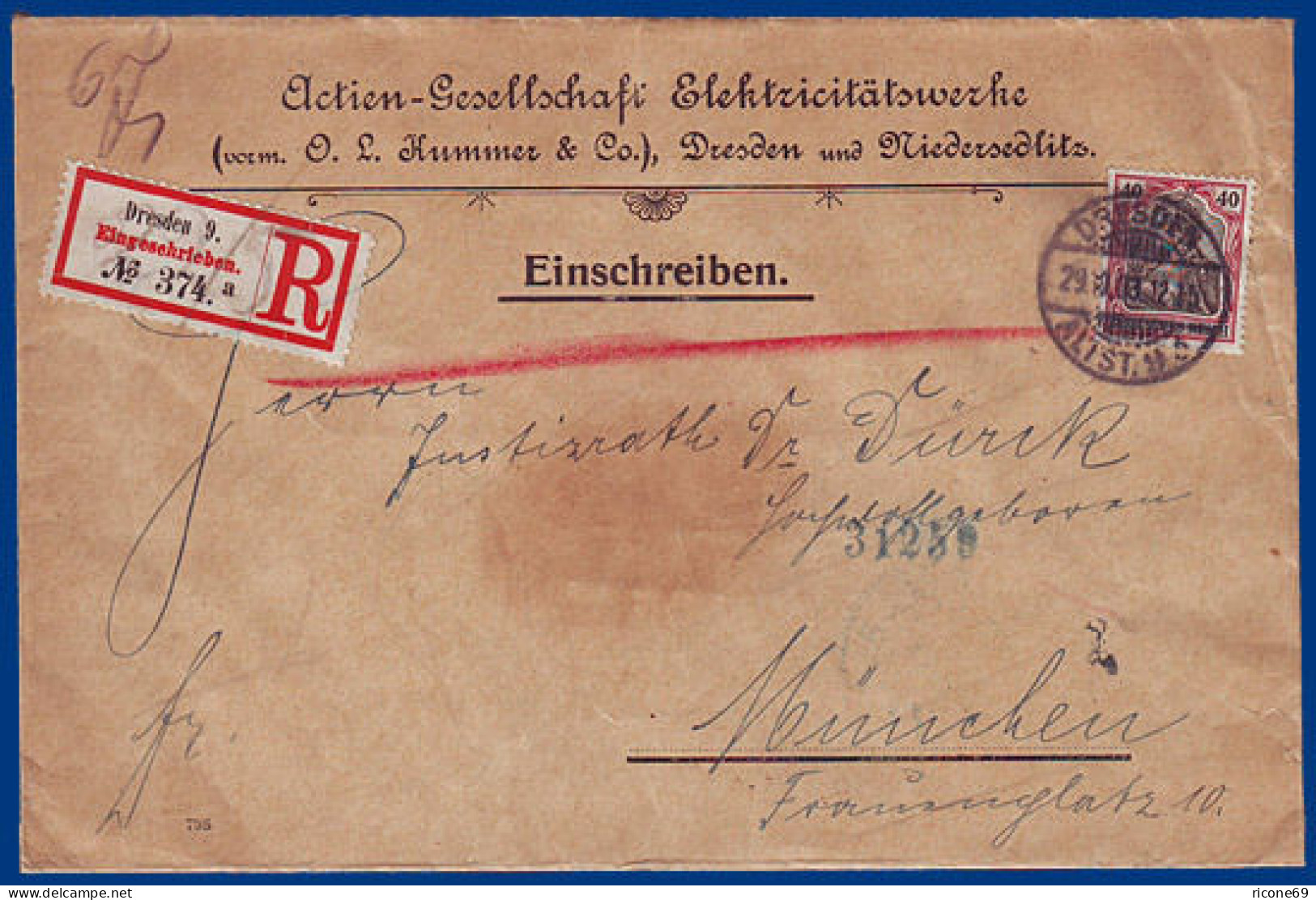DR 1903, EF 40 Pfg. Auf Vordruck Einschreiben Brief V. Dresden N. Bayern. #S412 - Briefe U. Dokumente