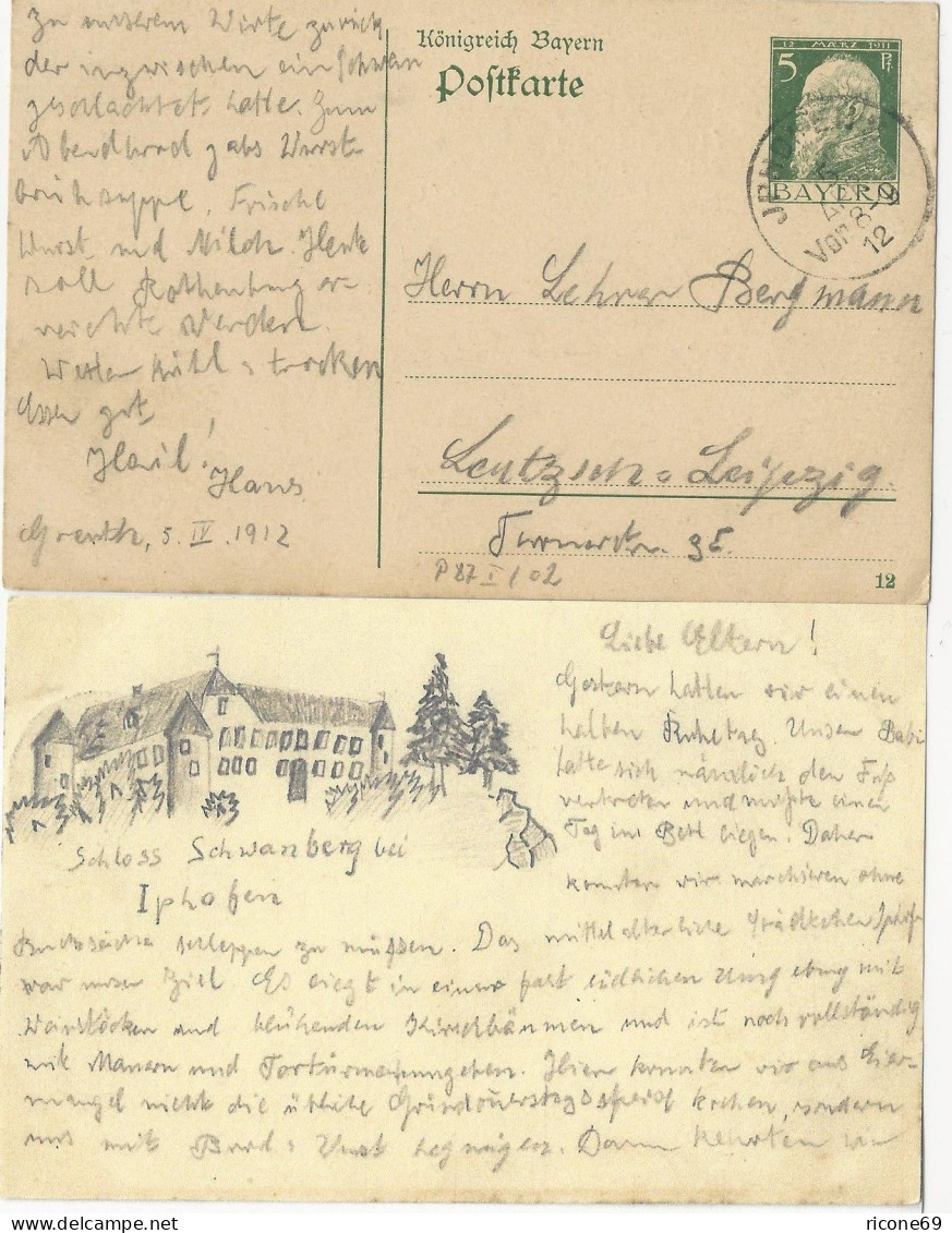 Iphofen 1912, Bleistift Zeichnung Schloss Schwanberg Rücks. Auf Ganzsache #1388 - Sonstige & Ohne Zuordnung