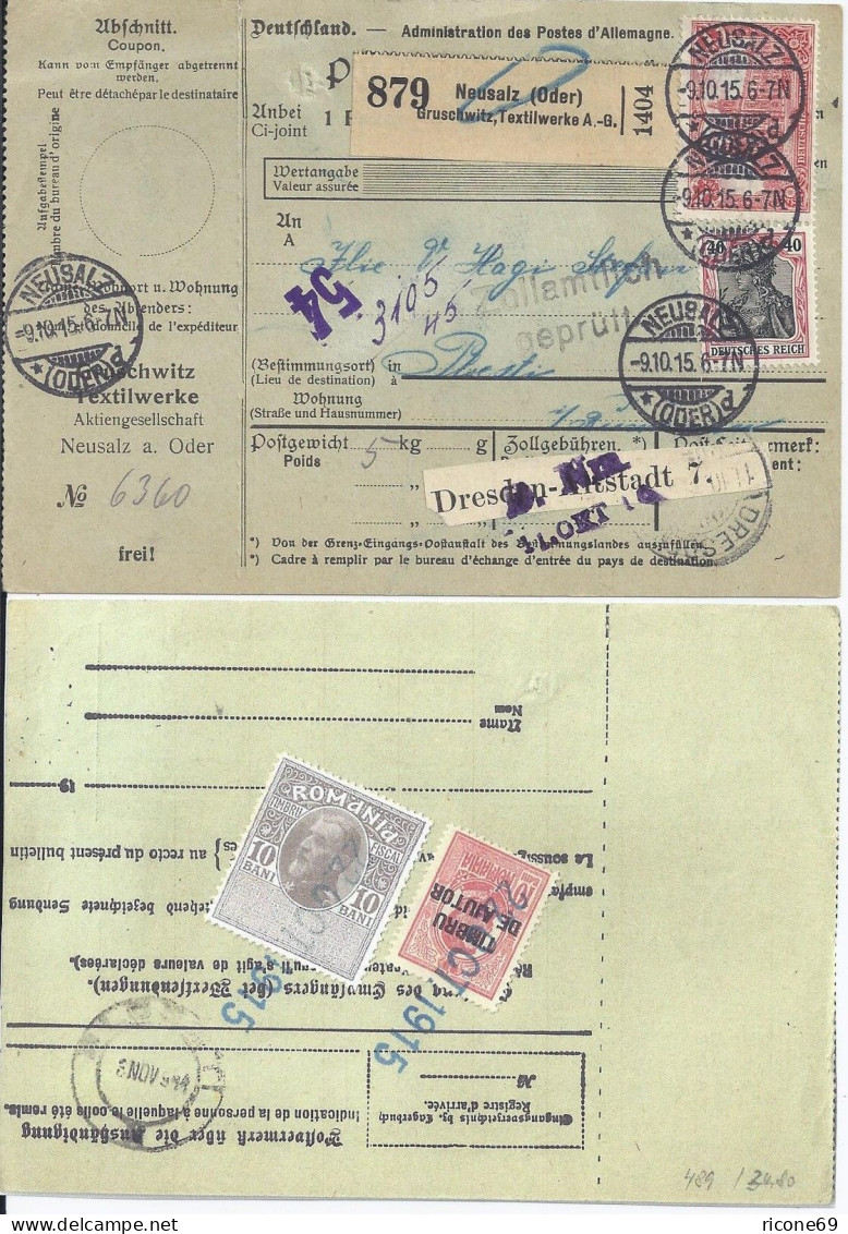 DR 1915, Paketkte. V. Neusalz Oder M. Rücks. 2 Rumänien Steuermarken. #S489 - Cartas & Documentos