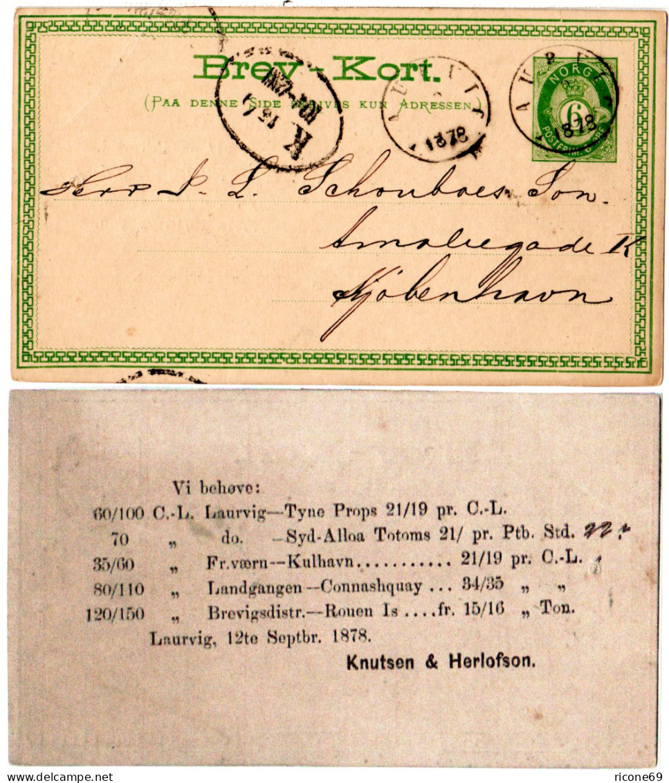 Norwegen 1878, 6 öre Ganzsache V. Laurvig N. Dänemark M. Rücks. Firmenzudruck - Covers & Documents