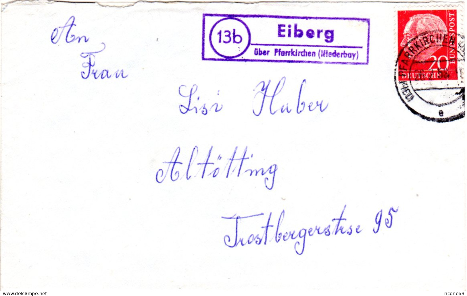 BRD 1958, Landpoststellen-II Stpl. EIBERG über Pfarrkirchen Auf Brief M. 20 Pf.  - Storia Postale