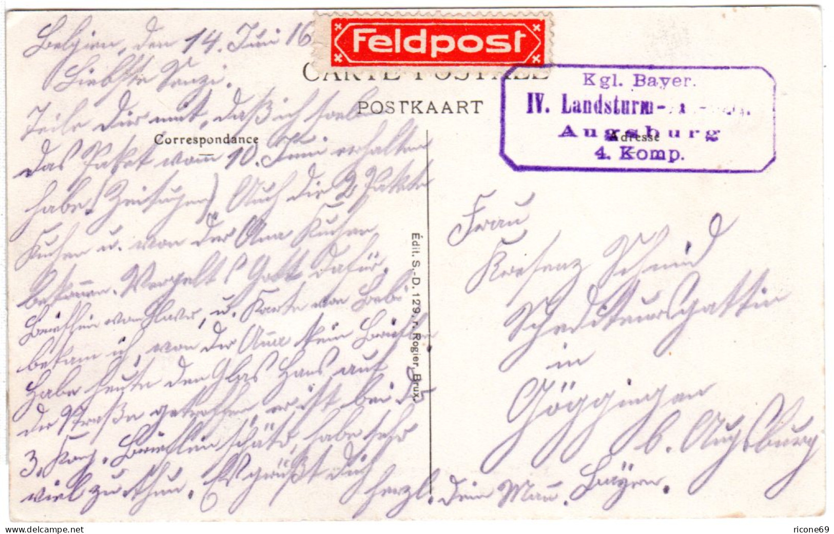 Bayern 1916, Feldpostkarte M. Briefstpl. Kgl. Bay. Landsturm-Abtlg. AUGSBURG - Storia Postale