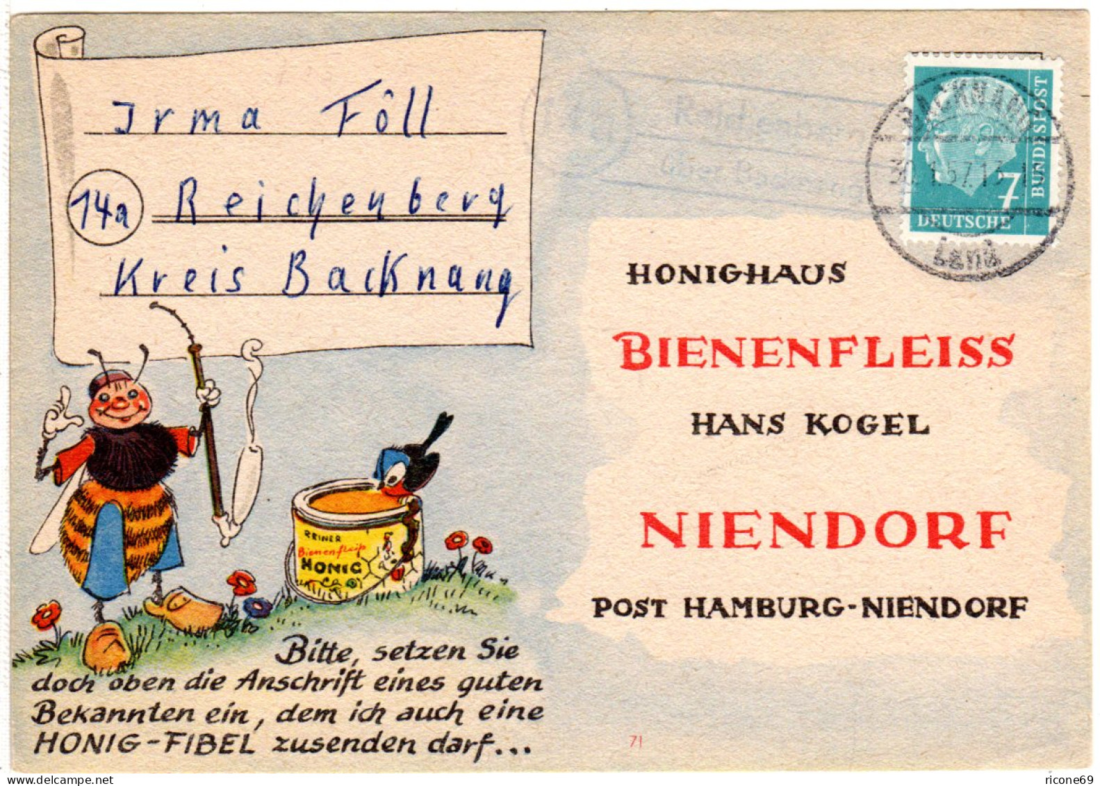 BRD 1957, Landpost Stpl. 14a REICHENBERG über Backnang Auf Bienenfleiss Karte  - Storia Postale