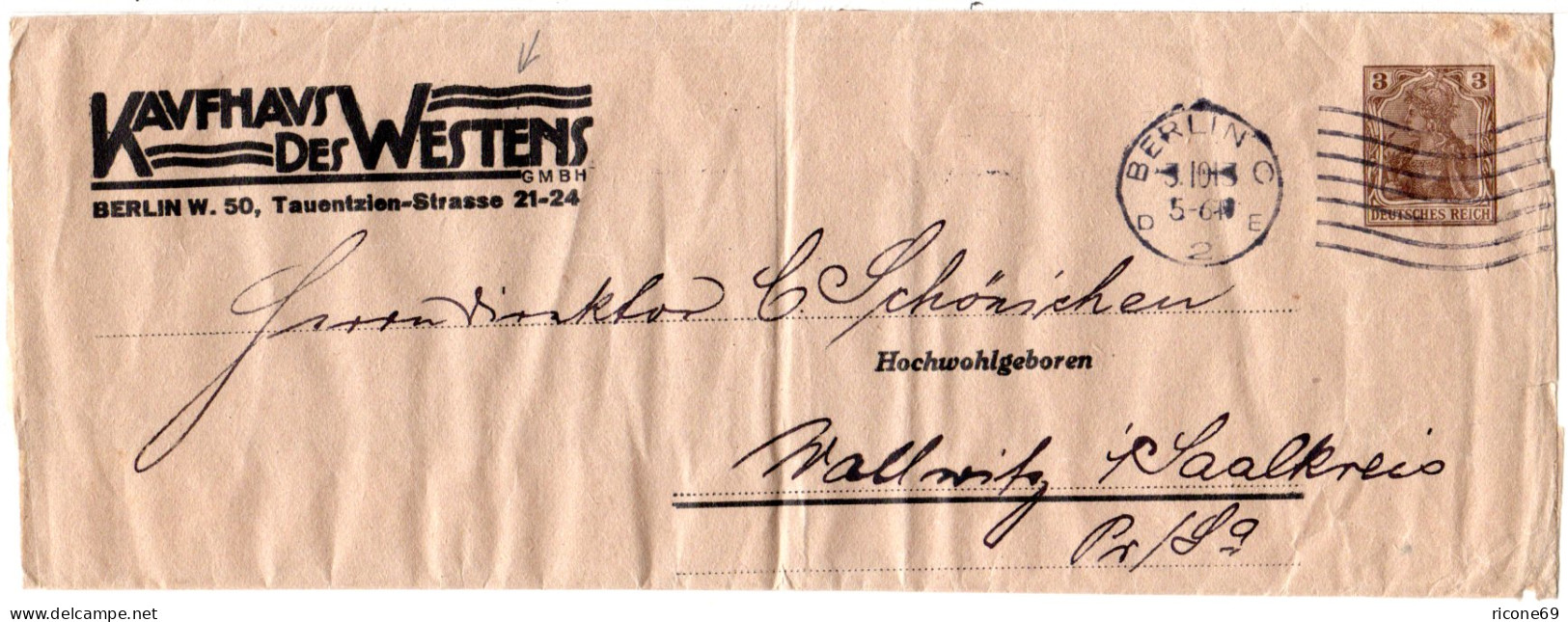 DR 1913, V. Berlin Gebr. 3 Pf. Germania Privat-Streifband Kaufhaus Des Westens - Brieven En Documenten