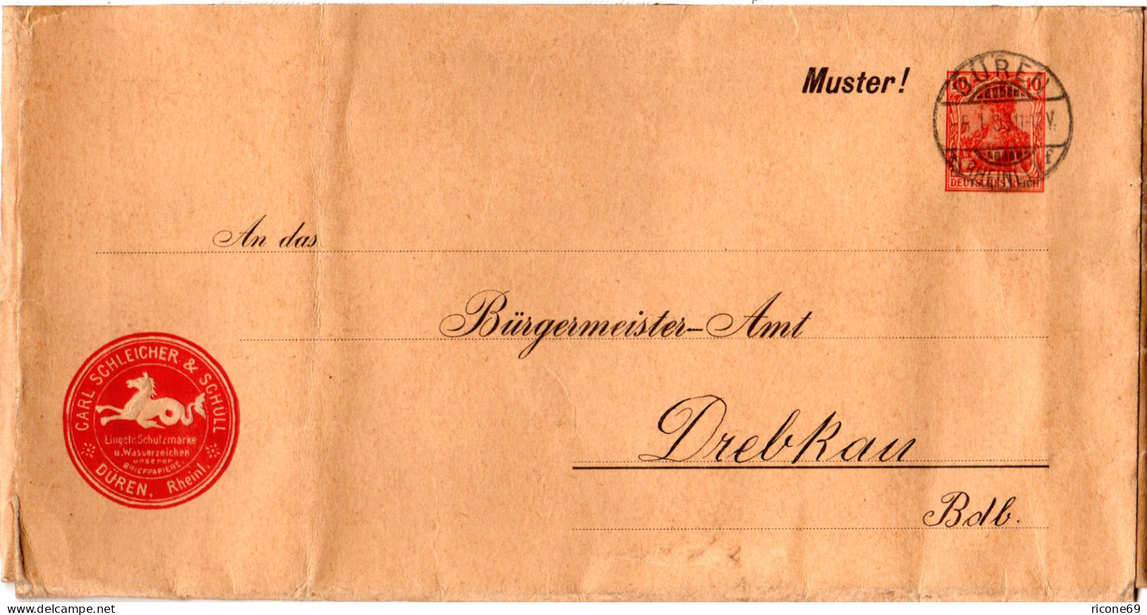 DR 1903, 10 Pf. Privat Ganzsachen Umschlag "Muster" V. Düren M. Abb. Pferd - Lettres & Documents