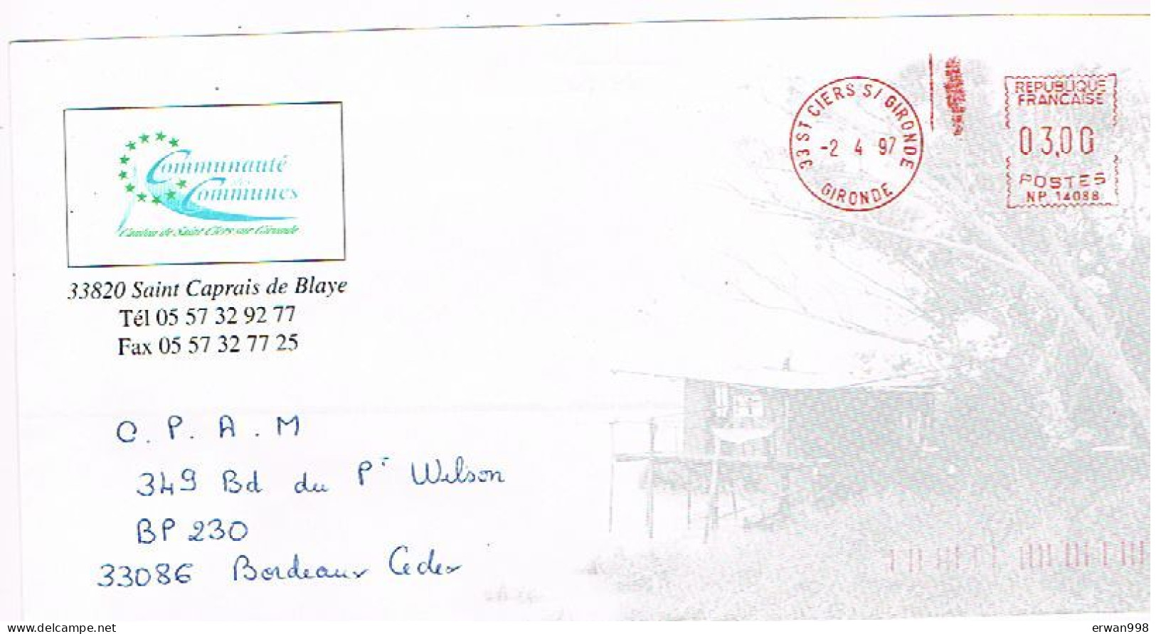 33 SAINT CABRAIS DE BLAYE Enveloppe Communauté De Communes SAINT CIERS 2/4/1997 EMA Rouge   (4) - Freistempel