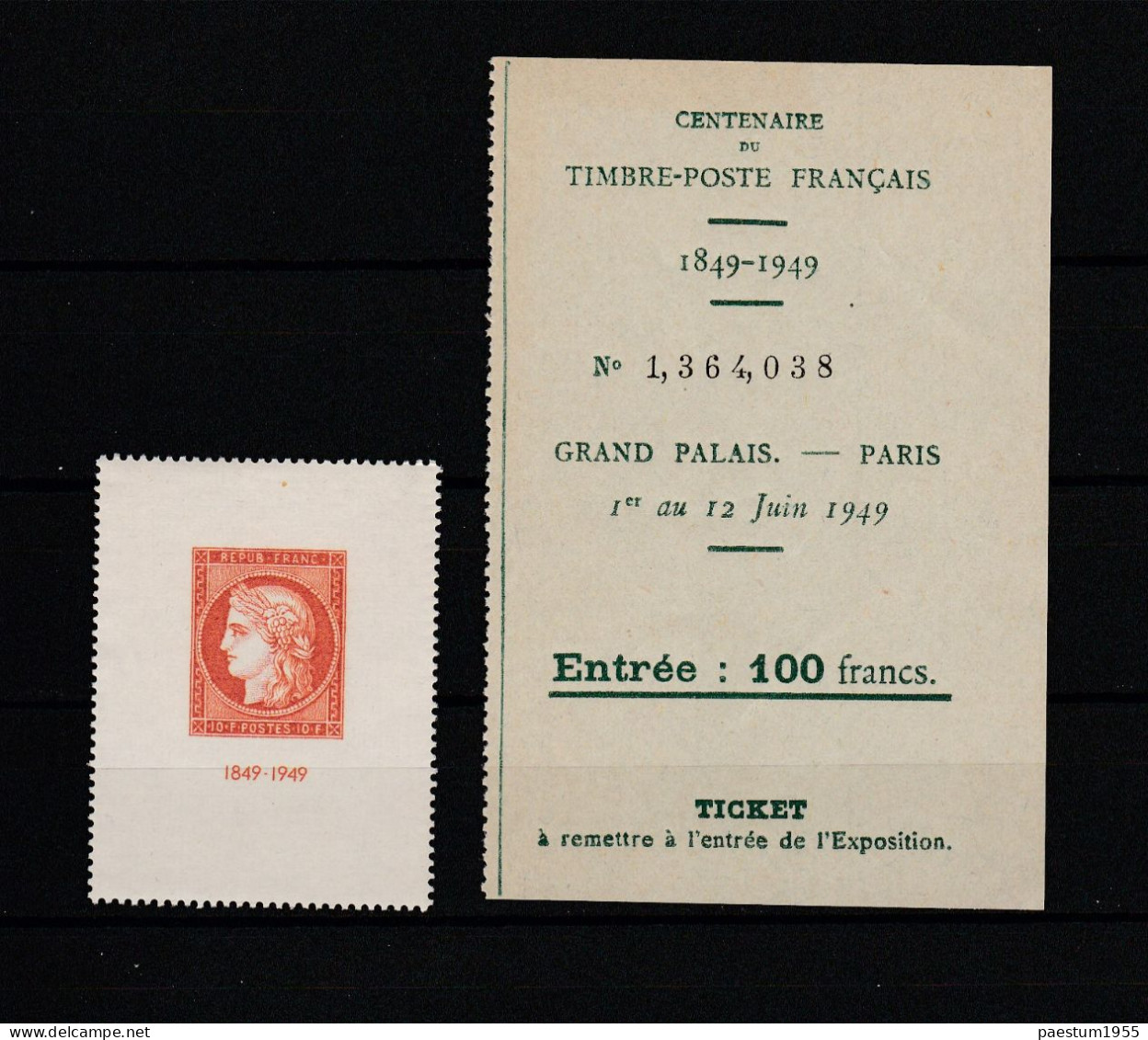 Timbre Neuf** MNH 1949 Y&T 841 10f (+100f) Expo CITEX49 Paris Avec Billet D'entrée De L Expo - Unused Stamps