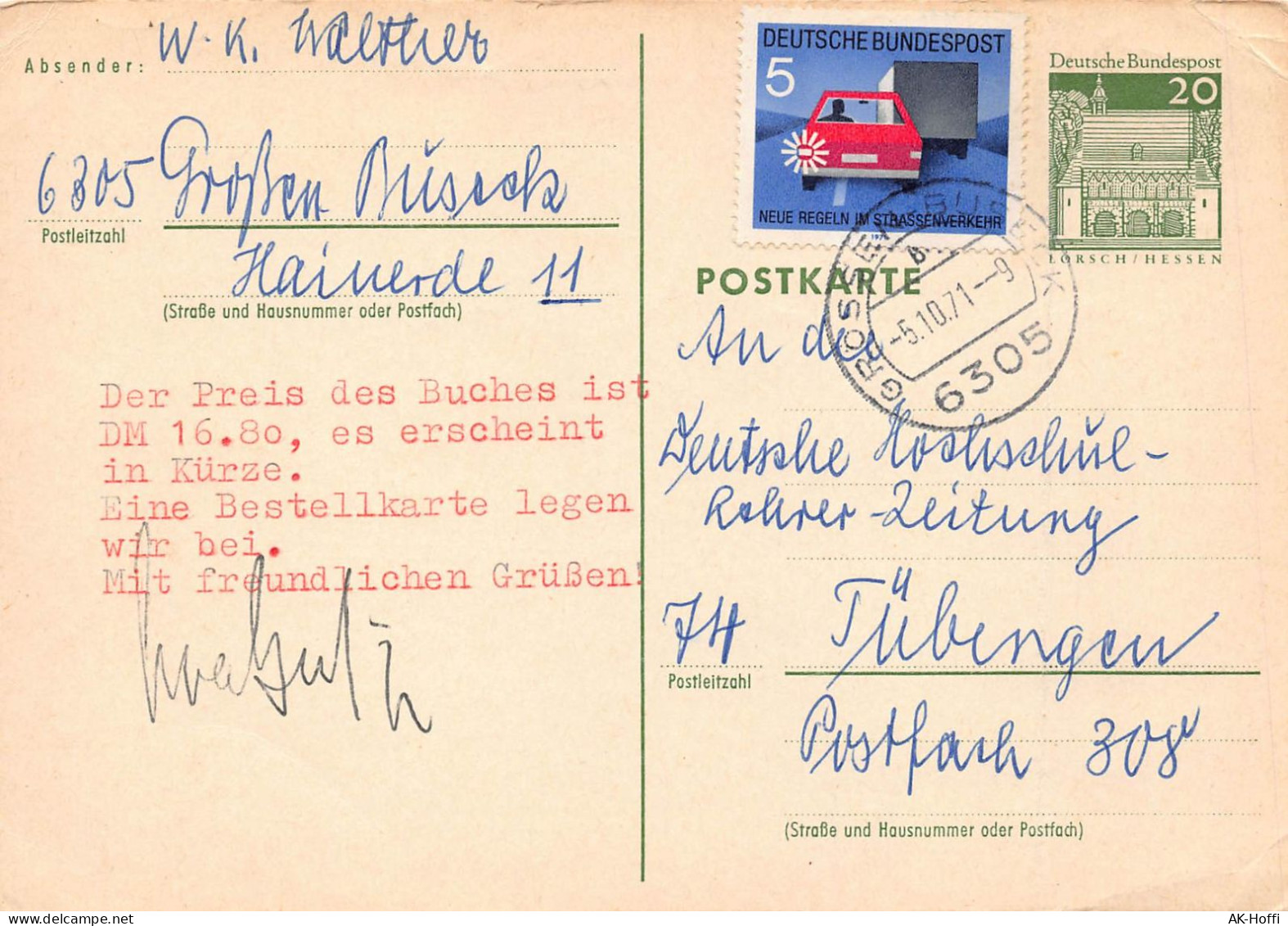 Ganzsache Gelaufen Von Großen Buseck Nach Tübingen 1971 - Cartes Postales - Oblitérées