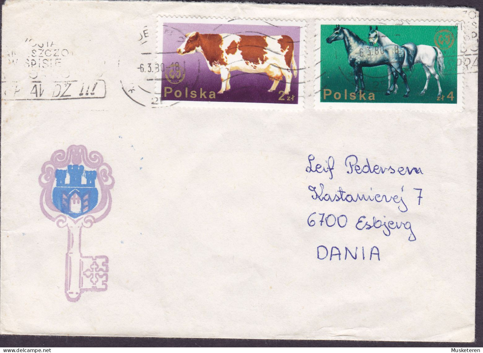 Poland Key Schlüssel Clé Cachet LUBLIN 1980 Cover Brief Lettre ESBJERG Denmark Horse Pferd Cheval Cow Kuh - Covers & Documents