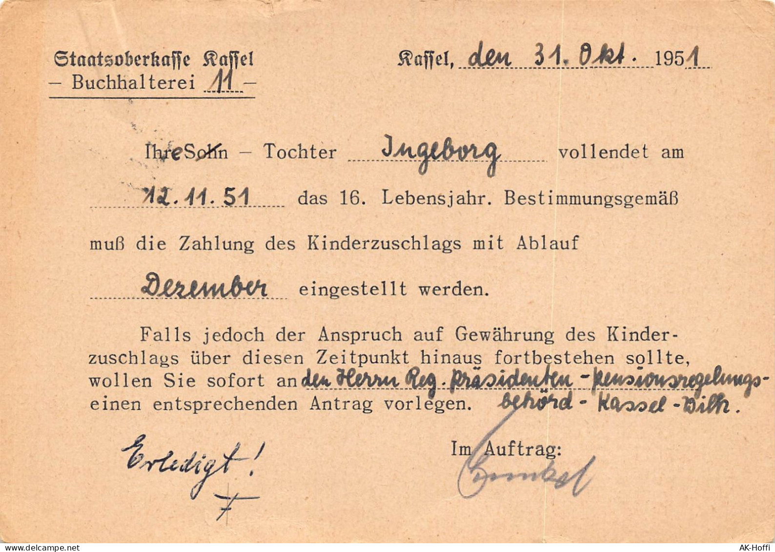 Postkarte Gelaufen Von Staatsoberkasse Kassel Nach Ziegenhain 1951 - Cartes Postales - Oblitérées