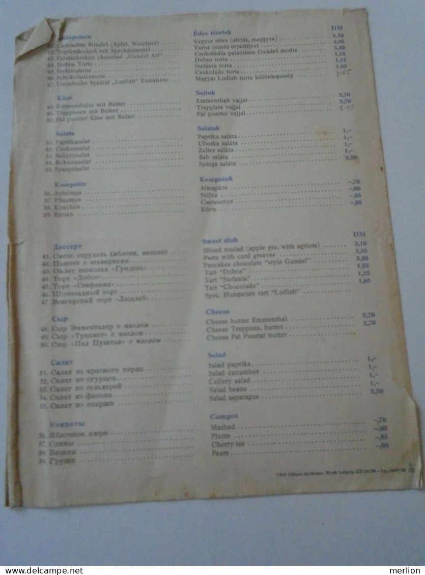 D202250 Menu Speisenkarte  Frühjahrsmesse 1955 Haus ANTIFA   LEIPZIG  -DDR Germany  -Ungarische Meisterköche