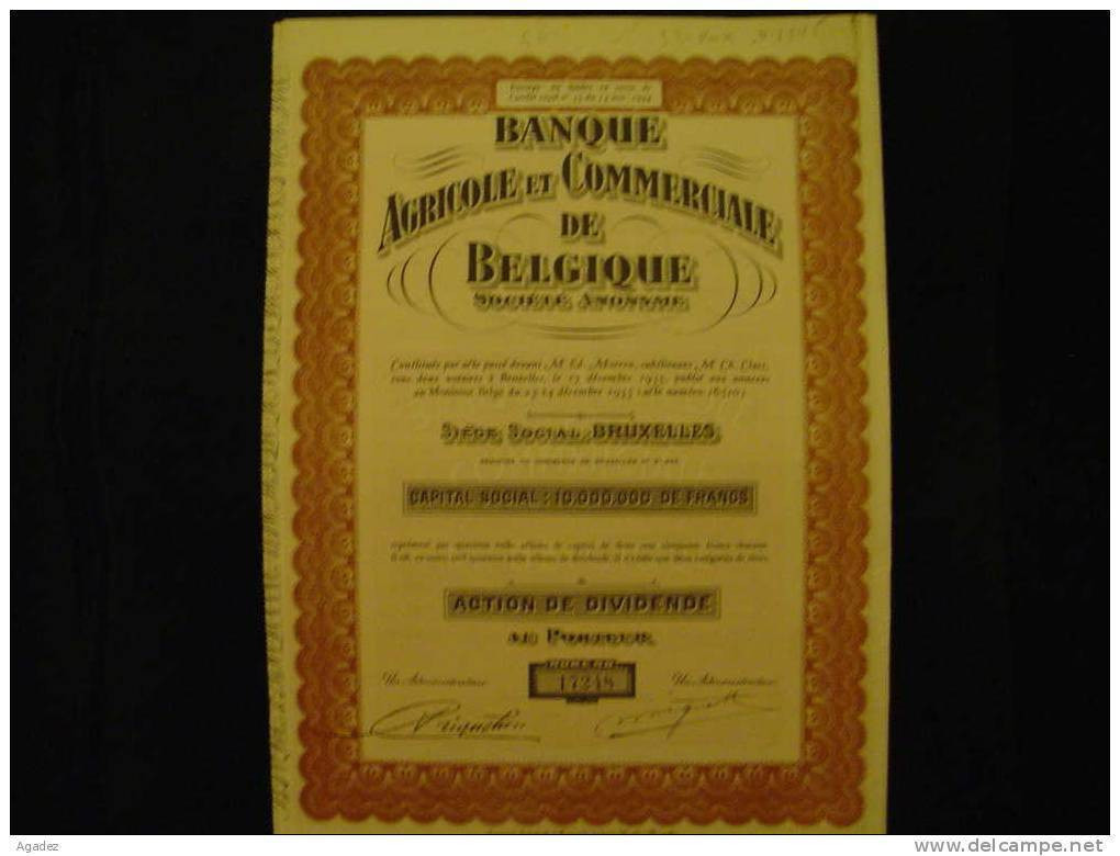 Banque Agricole Et Commerciale De Belgique Action De Dividende 1935 Excellent état,reste Des Coupons. - Bank En Verzekering