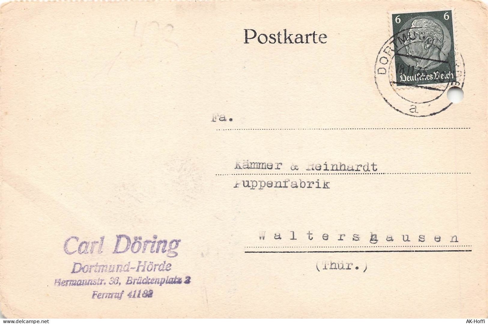 Postkarte Gelaufen Von Dortmund Hörde Nach Kämmer & Reinhardt Puppenfabrik Waltershausen - Lettres & Documents