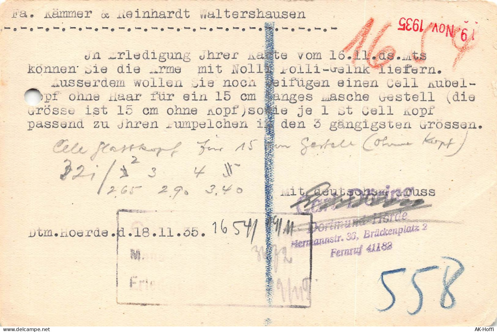 Postkarte Gelaufen Von Dortmund Hörde Nach Kämmer & Reinhardt Puppenfabrik Waltershausen - Lettres & Documents