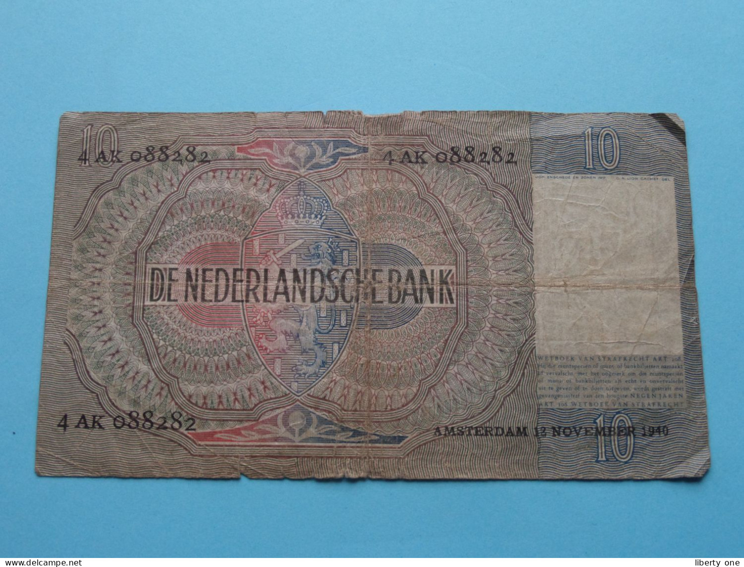 10 Gulden ( Amsterdam 12 November 1940 - 4 AK 088282 ) De Nederlandse Bank ( For Grade, Please See Photo ) Circulated ! - 10 Florín Holandés (gulden)