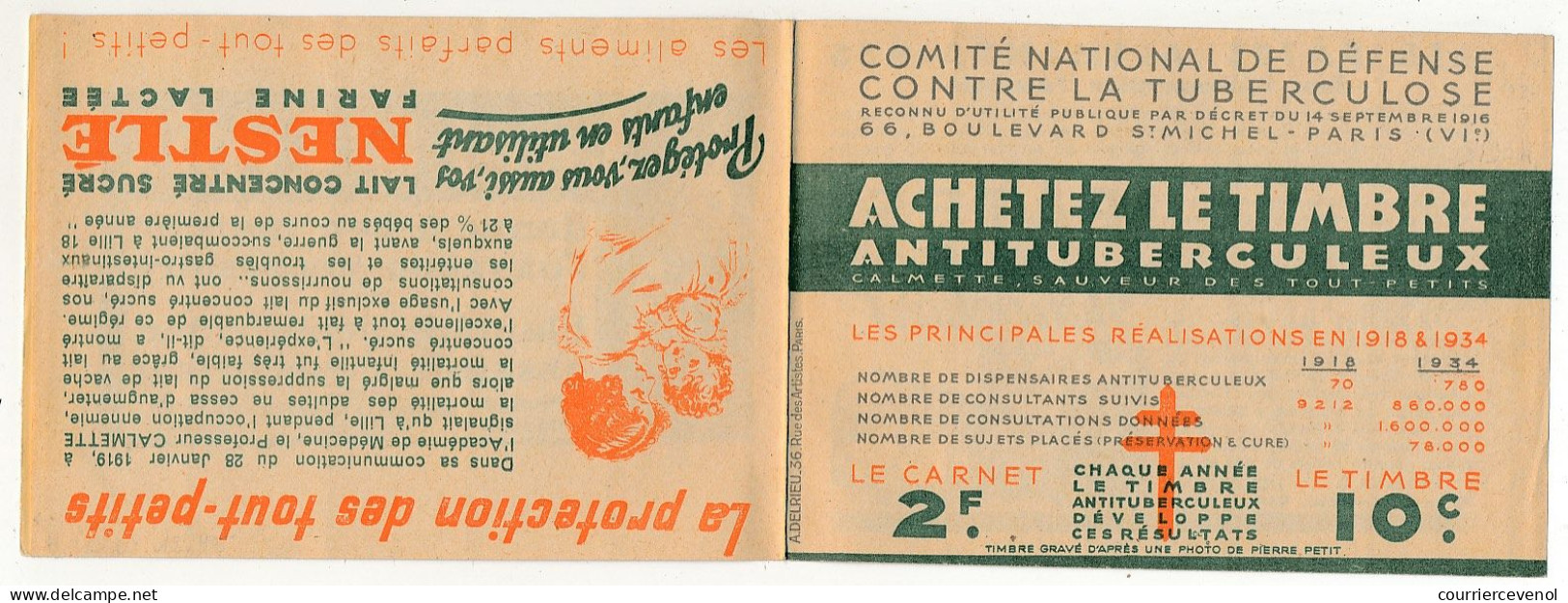 Carnet Anti-tuberculeux 1934 - 2 Fr -  Le Timbre 10c (Complet, 1 Timbre Abimé) - Pubs Lait Frais, Nestlé, Suchard - Blocks Und Markenheftchen