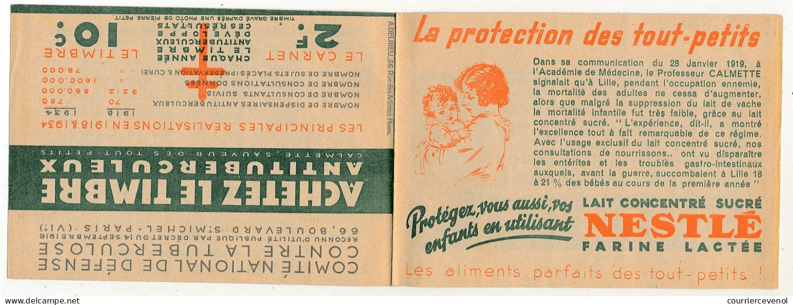 Carnet Anti-tuberculeux 1934 - 2 Fr -  Le Timbre 10c (Complet, 1 Timbre Abimé) - Pubs Lait Frais, Nestlé, Suchard - Blocks Und Markenheftchen