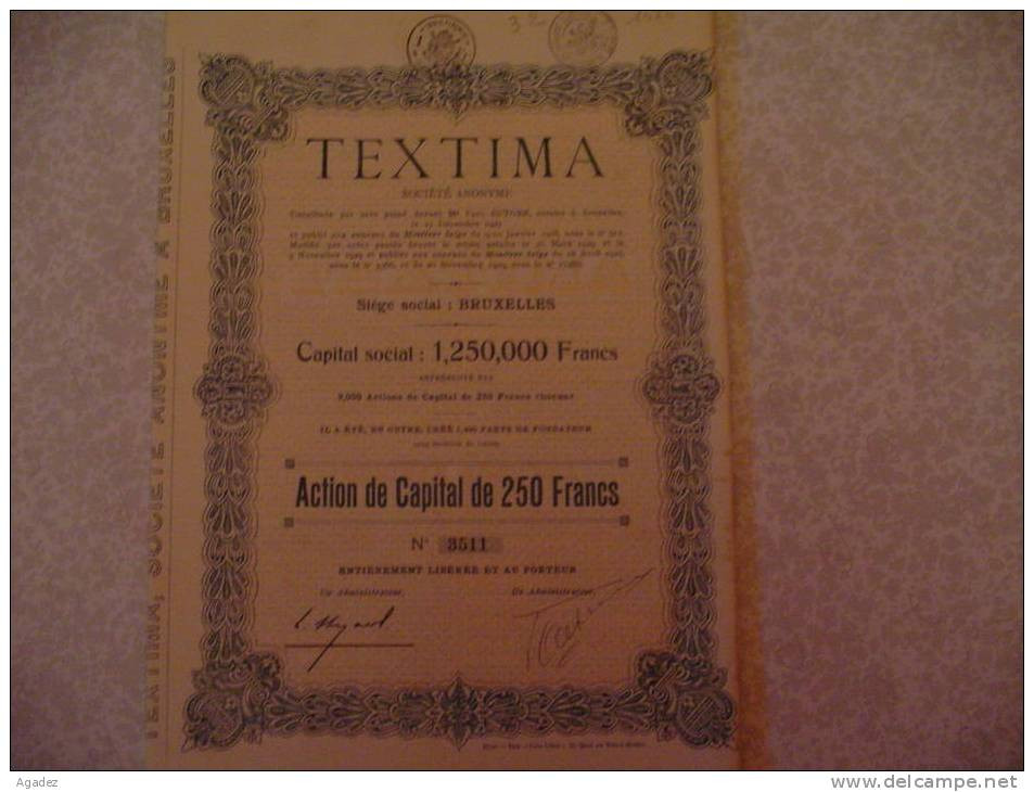 " Textima " Action De Capital 20 Novembre 1929 Bruxelles Bonneterie - Textil