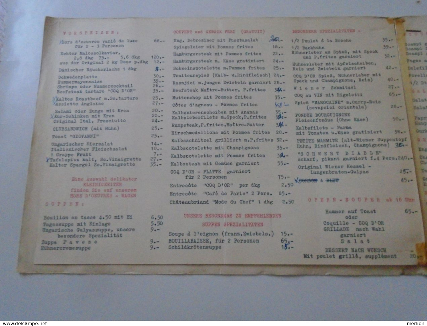 D202252  Menu Speisenkarte Rotisserie Coq d'or  Carlton - Hotel Capricorno  WIEN  I. Führichgasse 1 Österreich ca 1960's