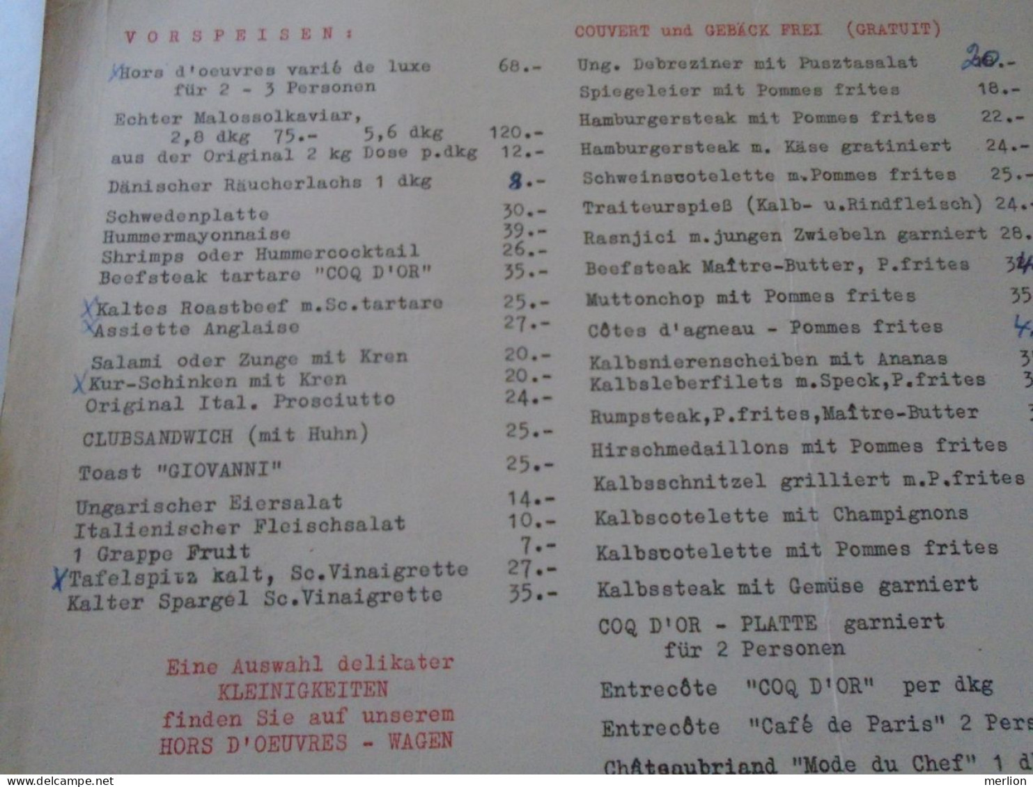 D202252  Menu Speisenkarte Rotisserie Coq d'or  Carlton - Hotel Capricorno  WIEN  I. Führichgasse 1 Österreich ca 1960's