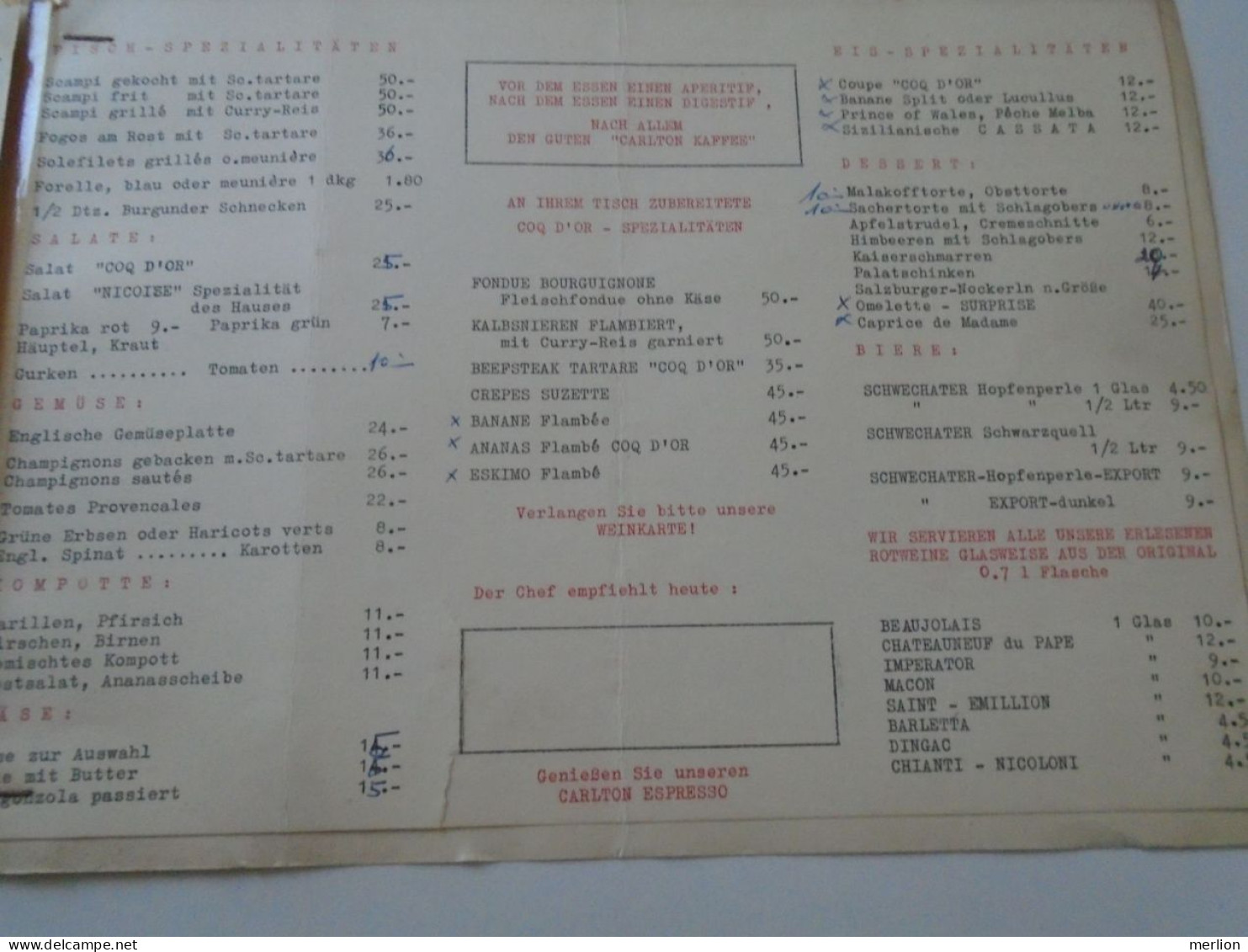 D202252  Menu Speisenkarte Rotisserie Coq d'or  Carlton - Hotel Capricorno  WIEN  I. Führichgasse 1 Österreich ca 1960's