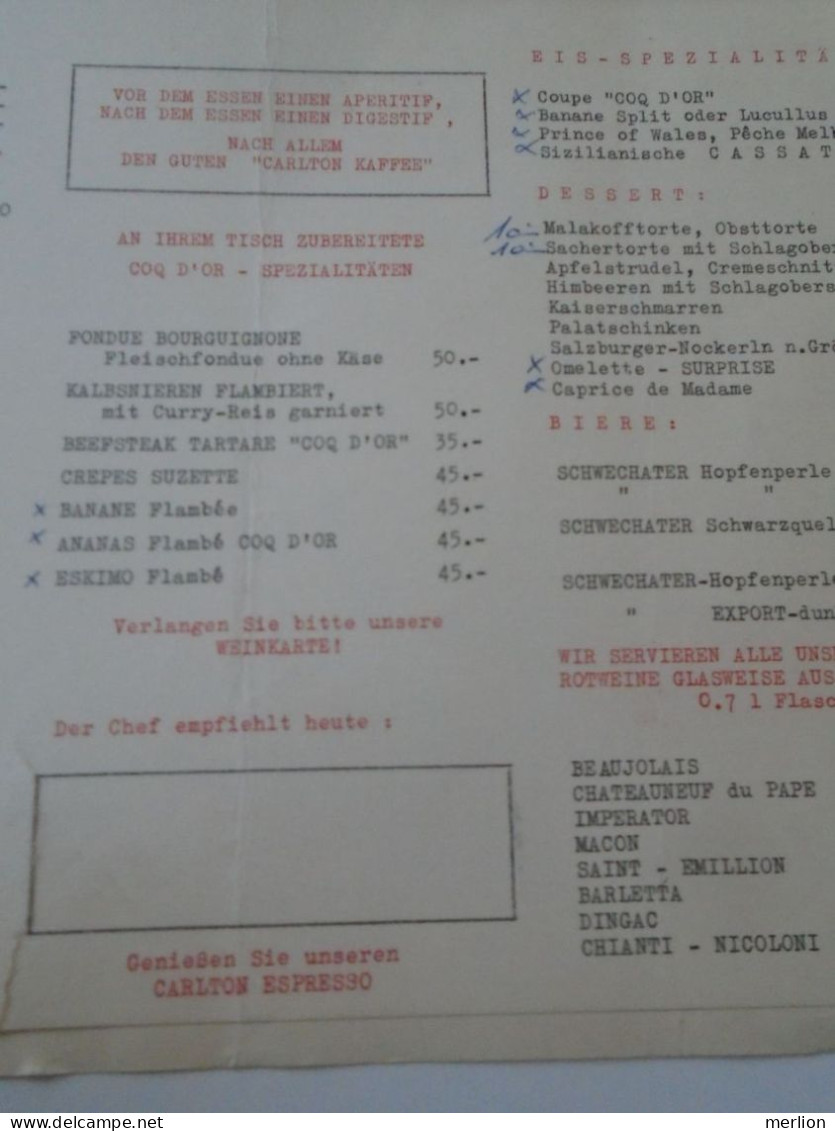 D202252  Menu Speisenkarte Rotisserie Coq d'or  Carlton - Hotel Capricorno  WIEN  I. Führichgasse 1 Österreich ca 1960's